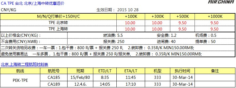 CA國航臺北空運專線，臺北空運價格查詢，深圳大智通